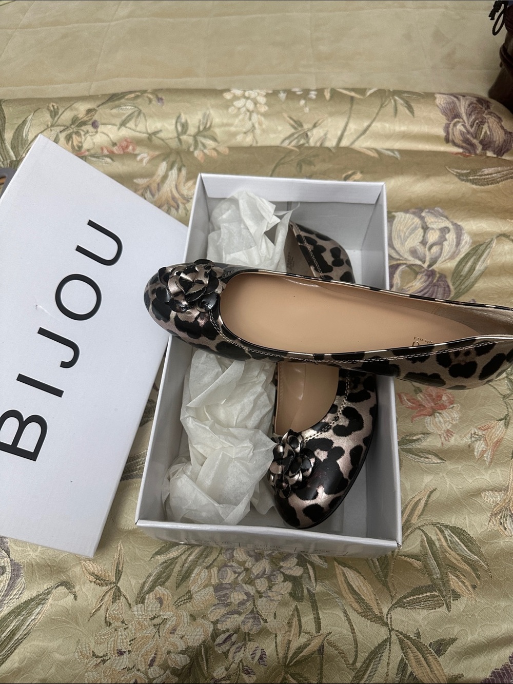 Bijou Leopard-Print Metallic Ballet Flats in Rose Gold and Black